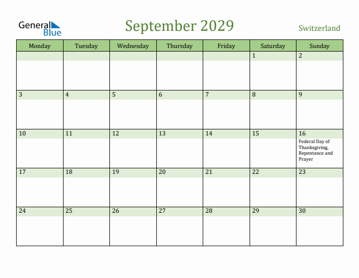 September 2029 Calendar with Switzerland Holidays