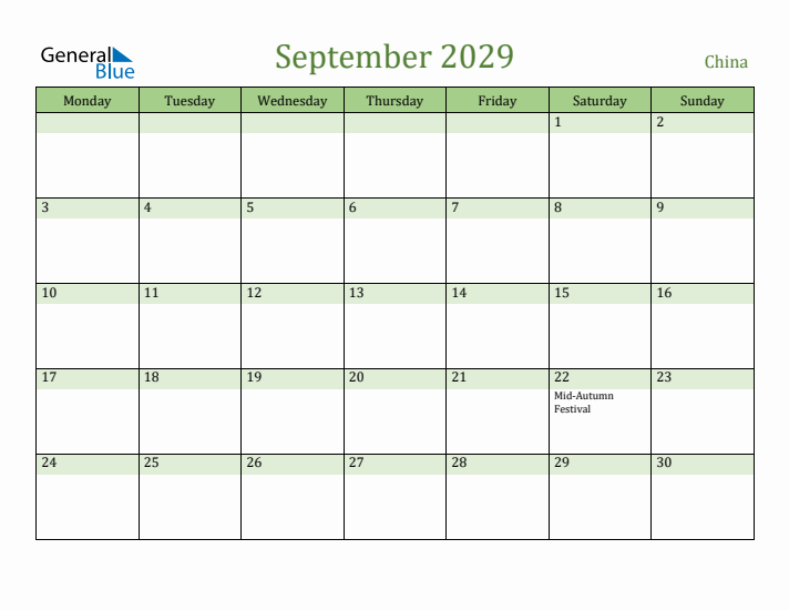 September 2029 Calendar with China Holidays