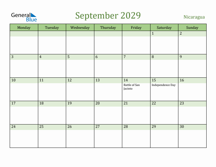 September 2029 Calendar with Nicaragua Holidays