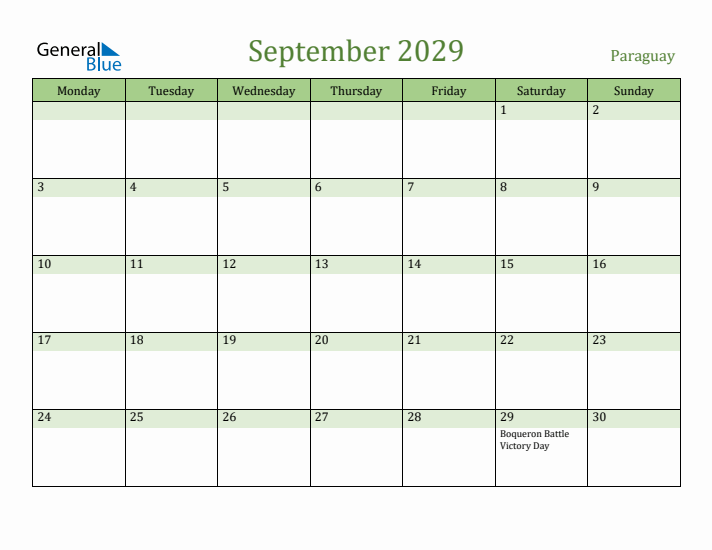 September 2029 Calendar with Paraguay Holidays