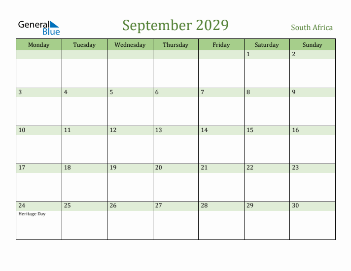 September 2029 Calendar with South Africa Holidays