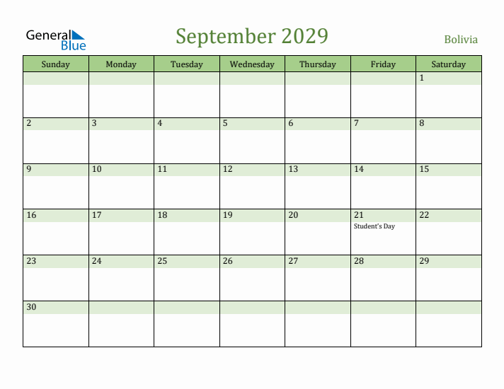 September 2029 Calendar with Bolivia Holidays