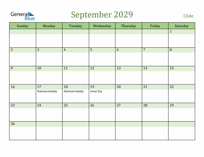 September 2029 Calendar with Chile Holidays