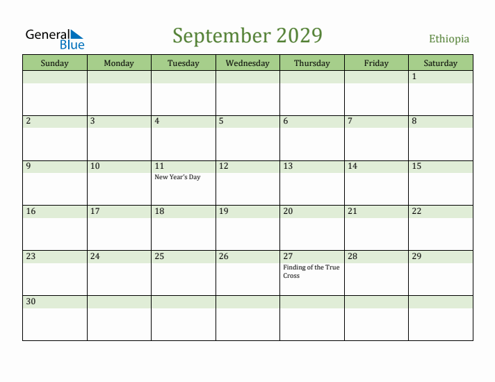 September 2029 Calendar with Ethiopia Holidays