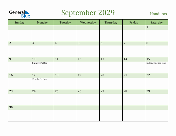 September 2029 Calendar with Honduras Holidays