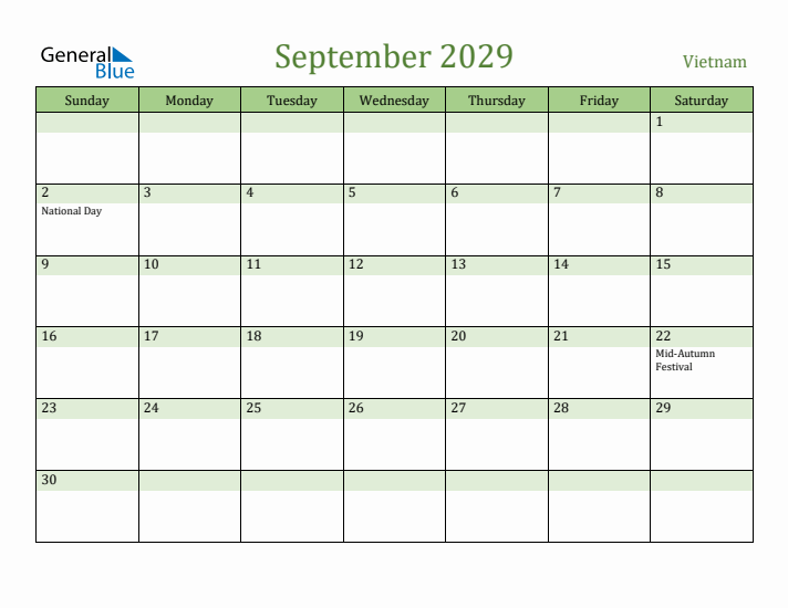 September 2029 Calendar with Vietnam Holidays