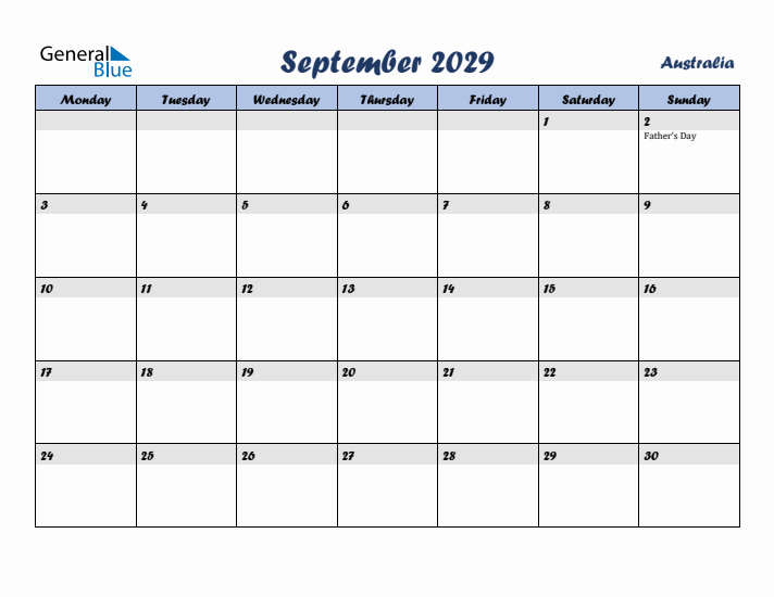 September 2029 Calendar with Holidays in Australia