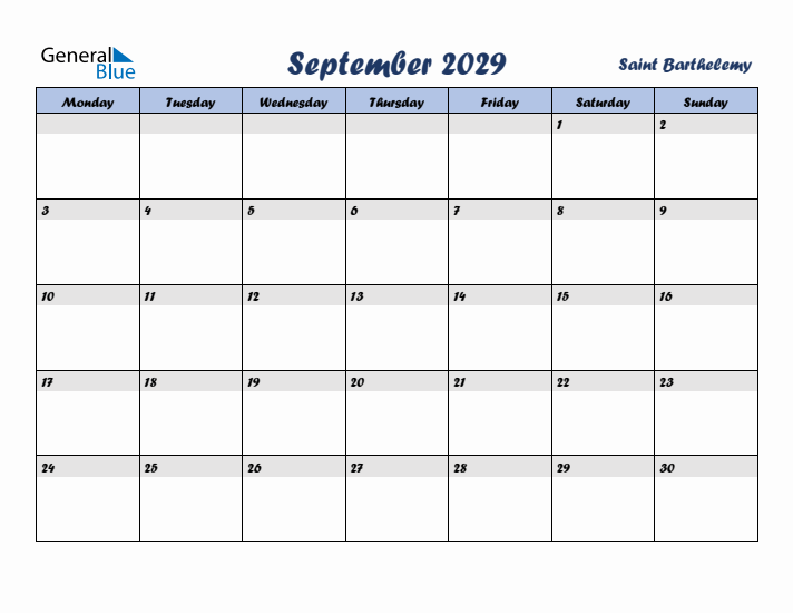 September 2029 Calendar with Holidays in Saint Barthelemy