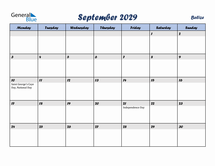 September 2029 Calendar with Holidays in Belize