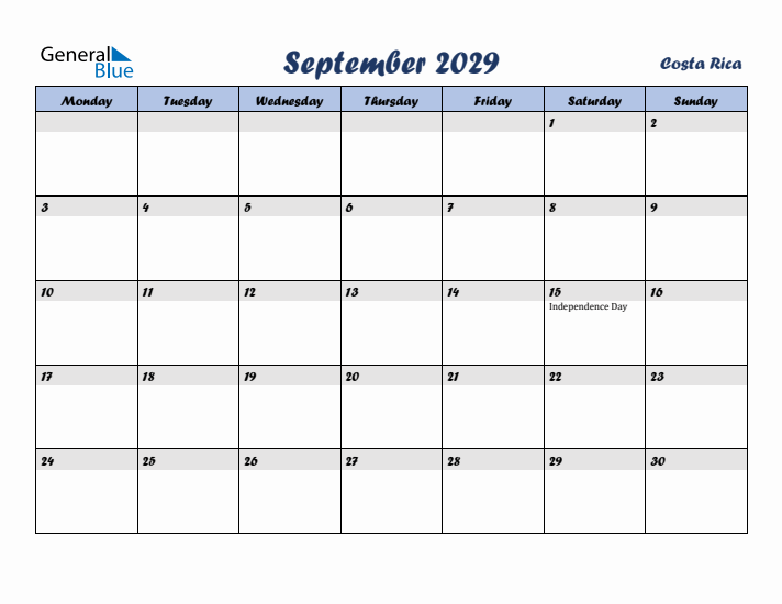 September 2029 Calendar with Holidays in Costa Rica