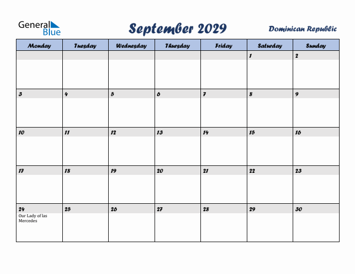 September 2029 Calendar with Holidays in Dominican Republic