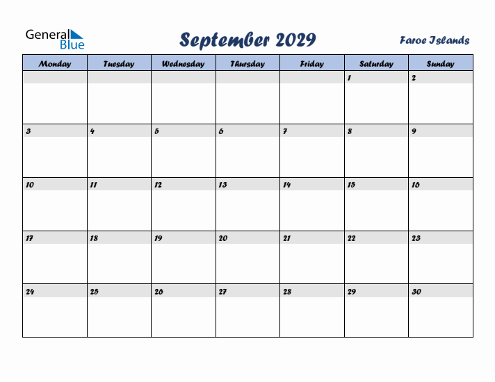 September 2029 Calendar with Holidays in Faroe Islands