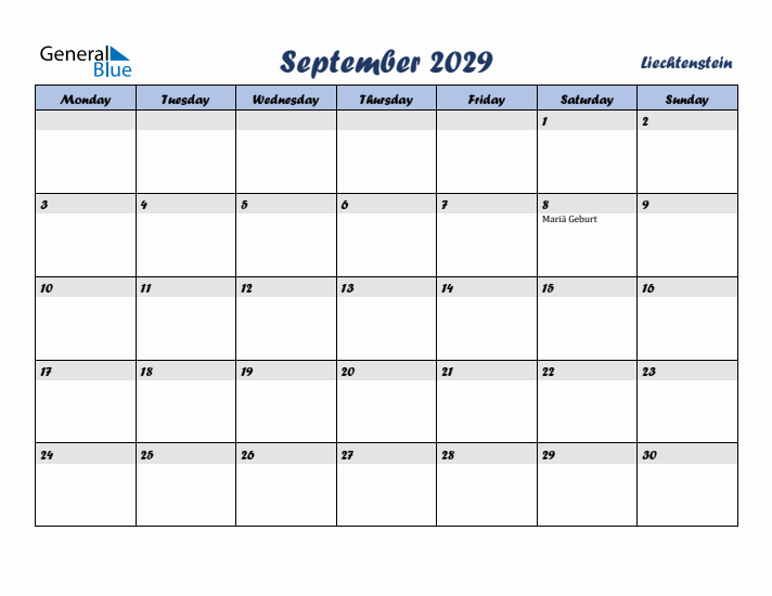 September 2029 Calendar with Holidays in Liechtenstein