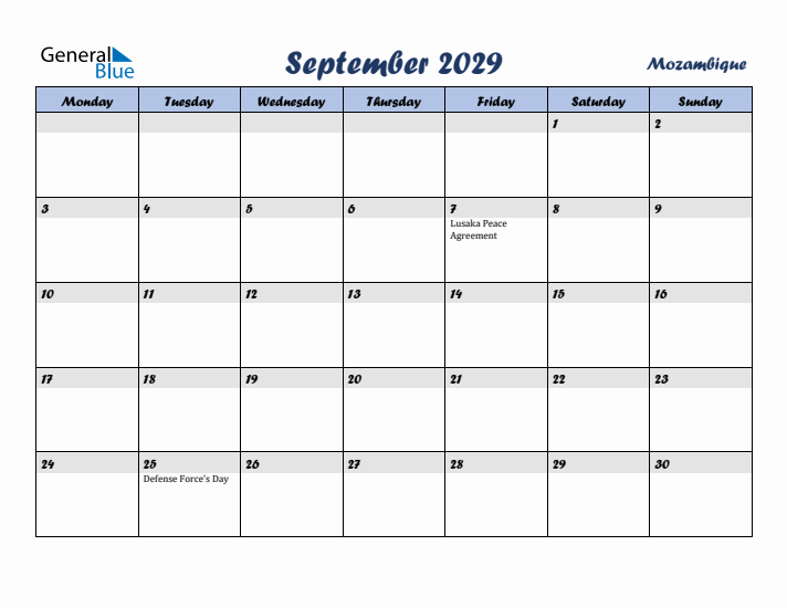 September 2029 Calendar with Holidays in Mozambique