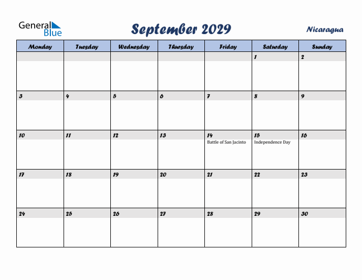 September 2029 Calendar with Holidays in Nicaragua