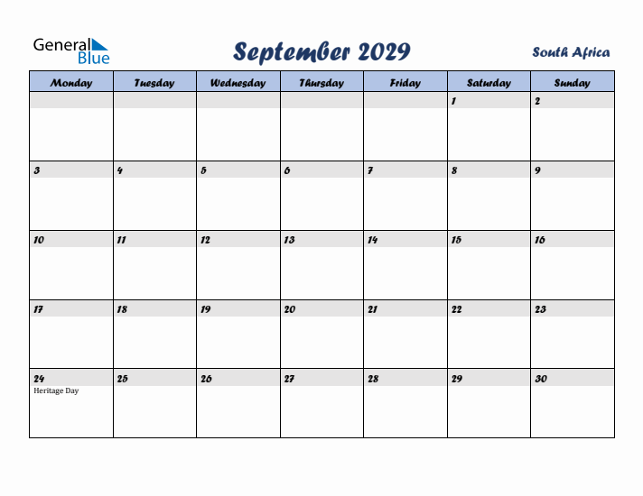 September 2029 Calendar with Holidays in South Africa