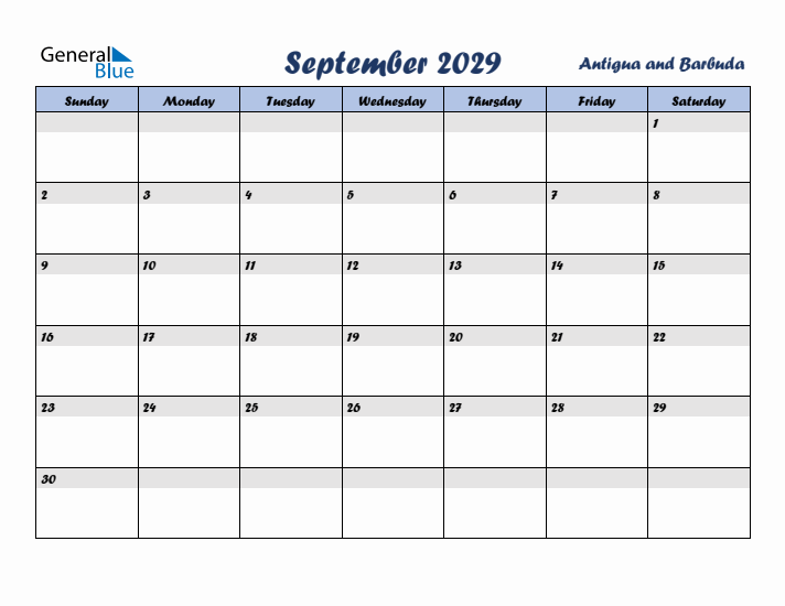 September 2029 Calendar with Holidays in Antigua and Barbuda