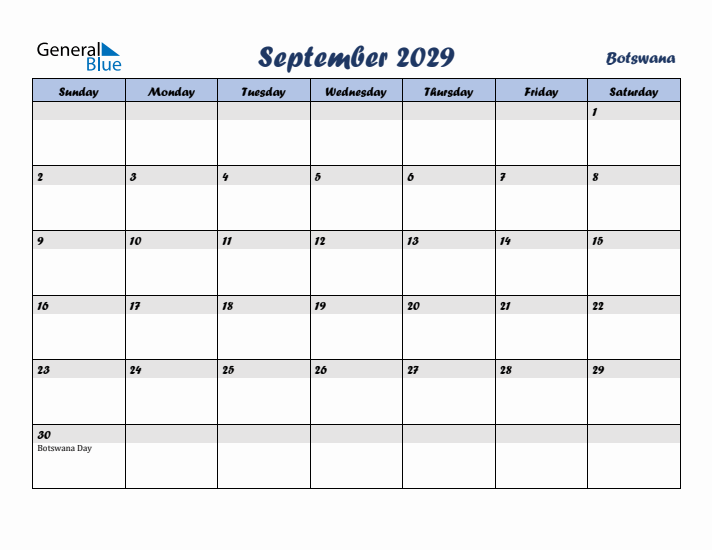 September 2029 Calendar with Holidays in Botswana