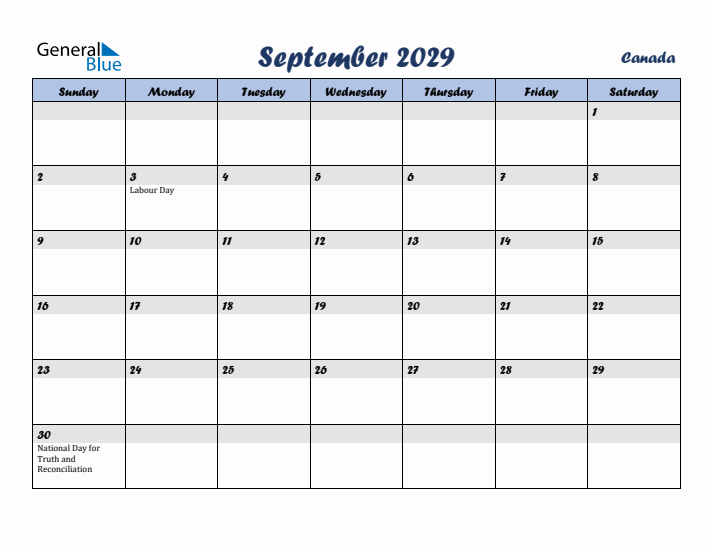 September 2029 Calendar with Holidays in Canada