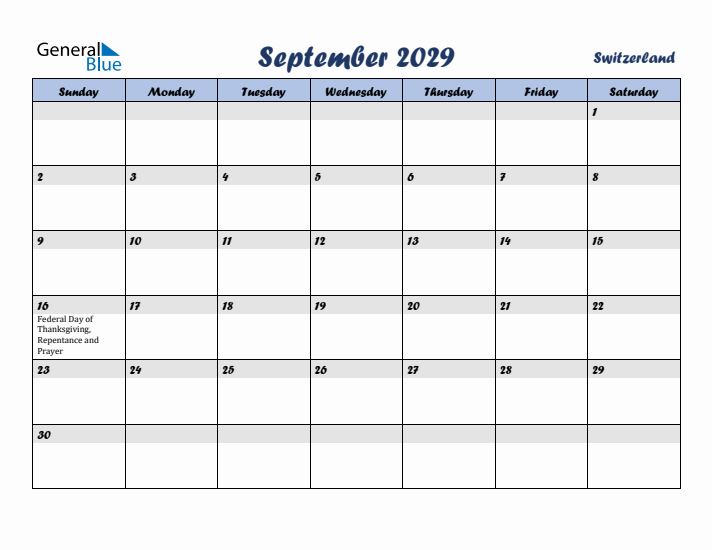 September 2029 Calendar with Holidays in Switzerland