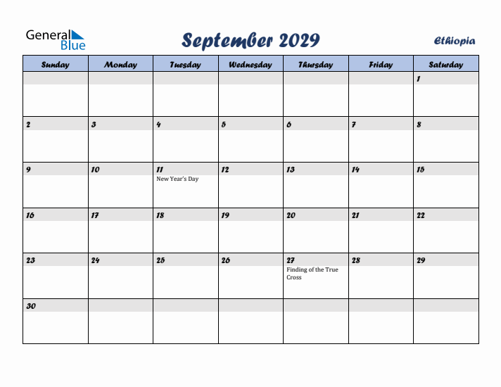 September 2029 Calendar with Holidays in Ethiopia