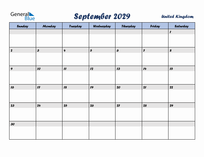 September 2029 Calendar with Holidays in United Kingdom