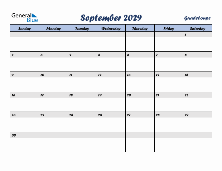 September 2029 Calendar with Holidays in Guadeloupe