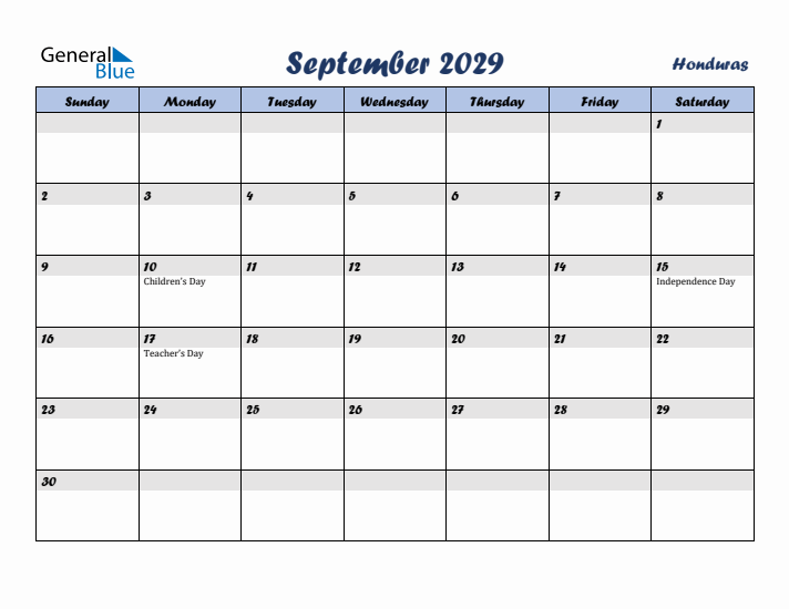 September 2029 Calendar with Holidays in Honduras