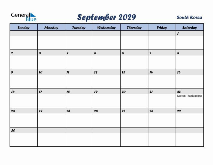 September 2029 Calendar with Holidays in South Korea