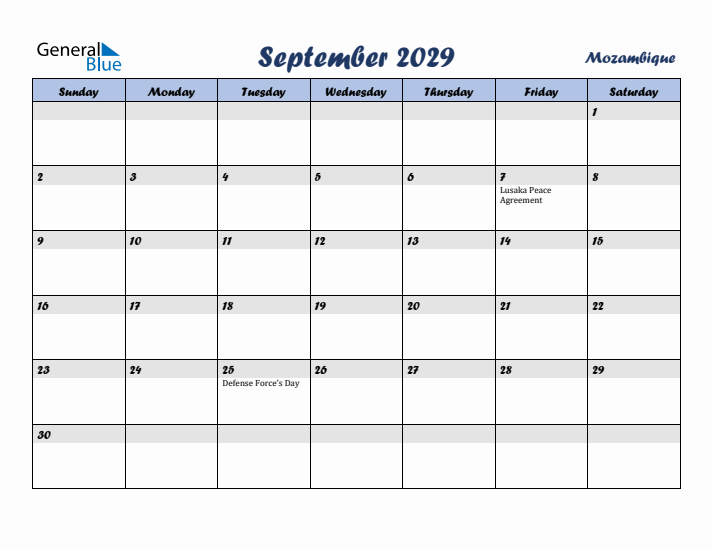 September 2029 Calendar with Holidays in Mozambique