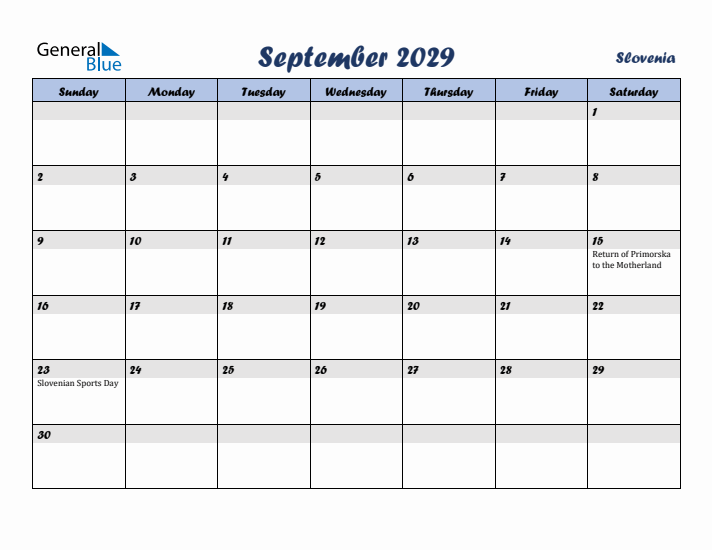 September 2029 Calendar with Holidays in Slovenia