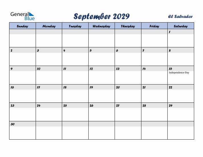 September 2029 Calendar with Holidays in El Salvador