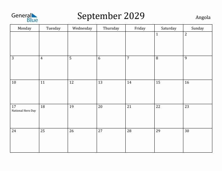 September 2029 Calendar Angola