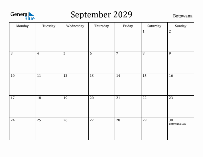 September 2029 Calendar Botswana