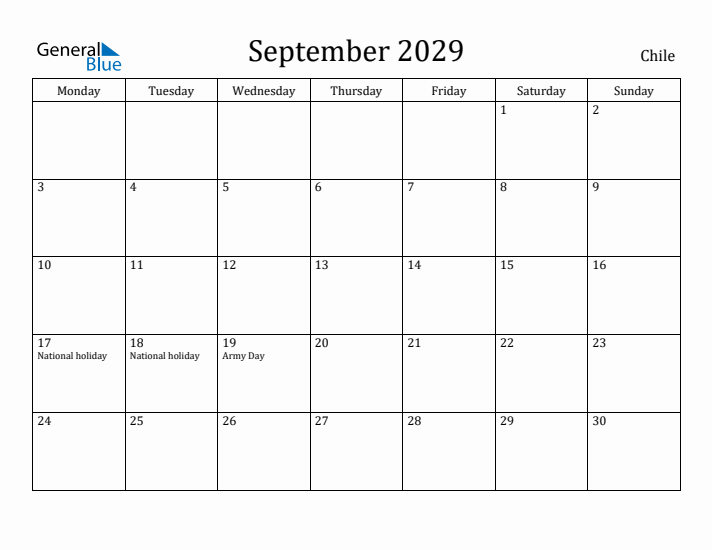 September 2029 Calendar Chile