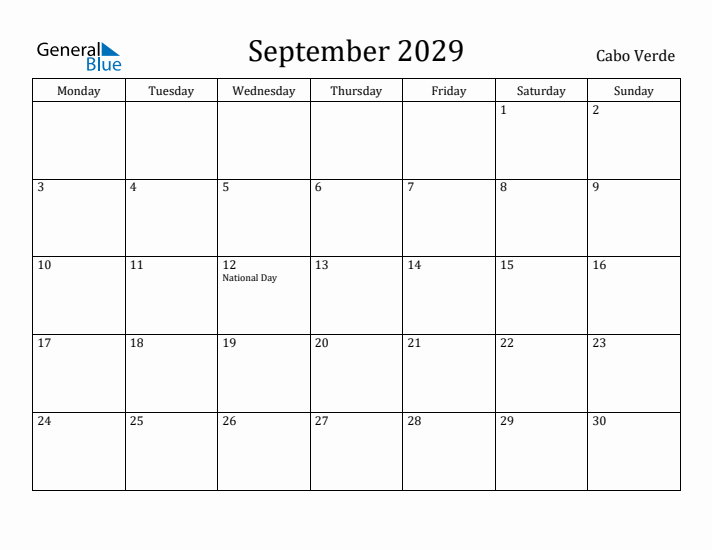 September 2029 Calendar Cabo Verde