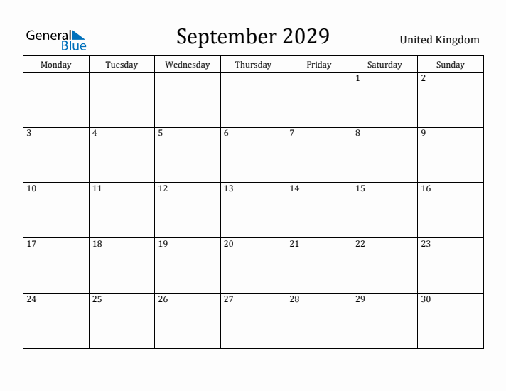 September 2029 Calendar United Kingdom