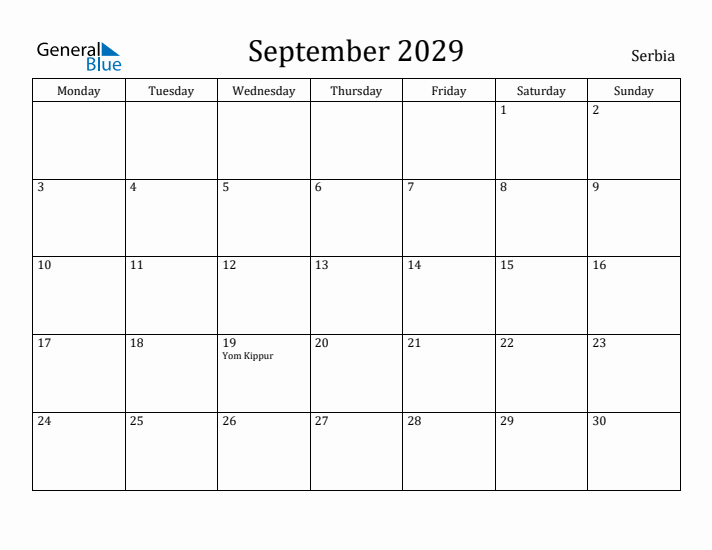 September 2029 Calendar Serbia