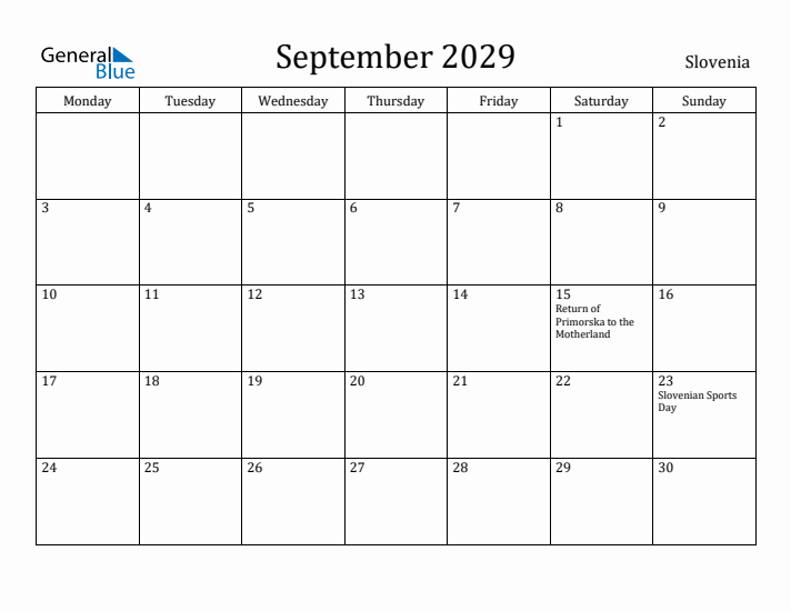 September 2029 Calendar Slovenia