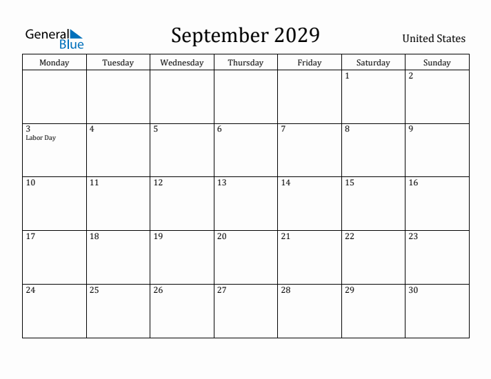 September 2029 Calendar United States