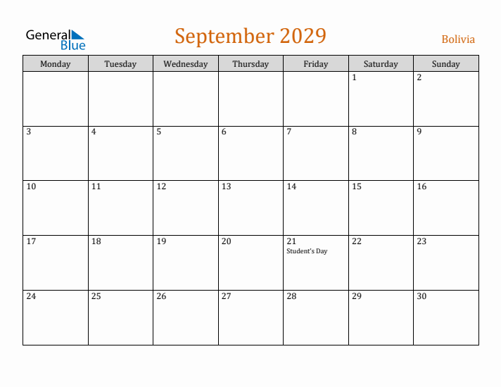 September 2029 Holiday Calendar with Monday Start