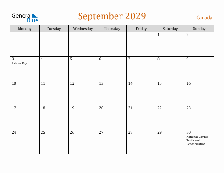 September 2029 Holiday Calendar with Monday Start