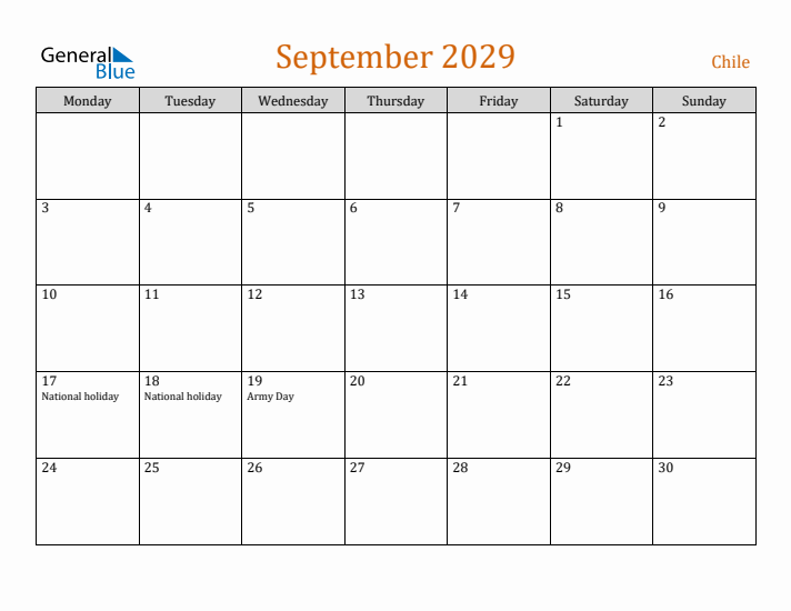 September 2029 Holiday Calendar with Monday Start