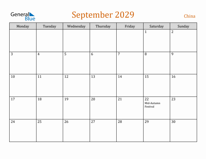 September 2029 Holiday Calendar with Monday Start