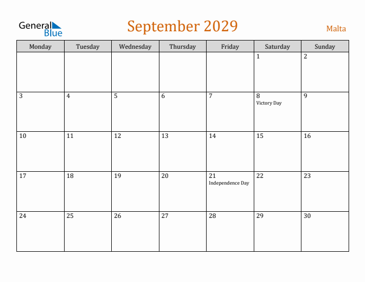 September 2029 Holiday Calendar with Monday Start