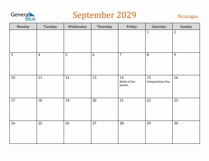 September 2029 Holiday Calendar with Monday Start