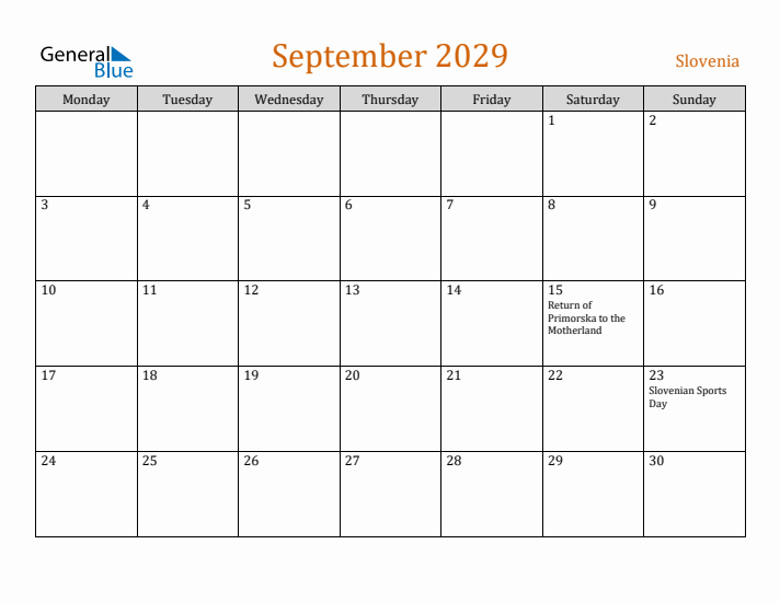 September 2029 Holiday Calendar with Monday Start