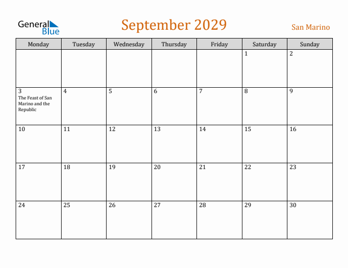 September 2029 Holiday Calendar with Monday Start