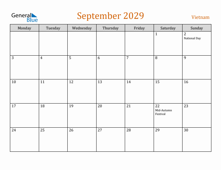 September 2029 Holiday Calendar with Monday Start