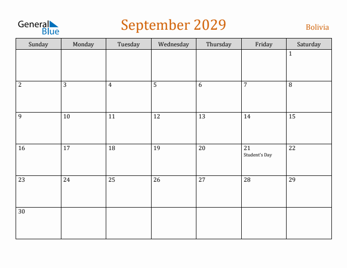 September 2029 Holiday Calendar with Sunday Start